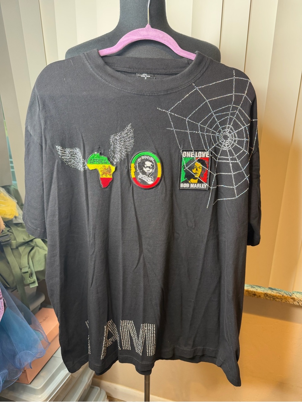 Black Bob Marley Distressed Patch Graphic Tee with Rhinestone Spiderweb Size 2XL